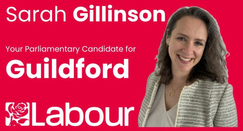 A photo showing Sarah Gillinson and her Labour candidacy in Guildford.